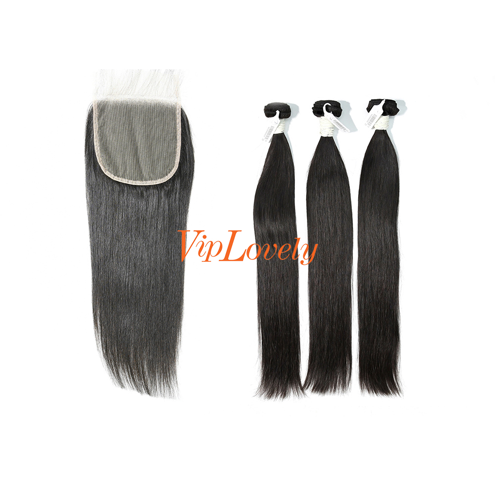 #1b Brazilian Virgin Human Hair Bundle with 5×5 Lace closure Straight