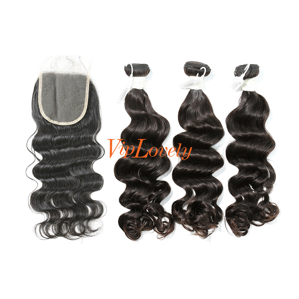 #1b Brazilian Virgin Human Hair Weft with 4x4 Closure Ocean Wave