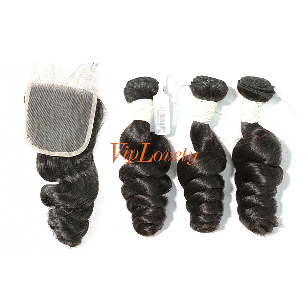 #1b Brazilian Virgin Human Hair Weft with 4x4 Closure Loose Wave