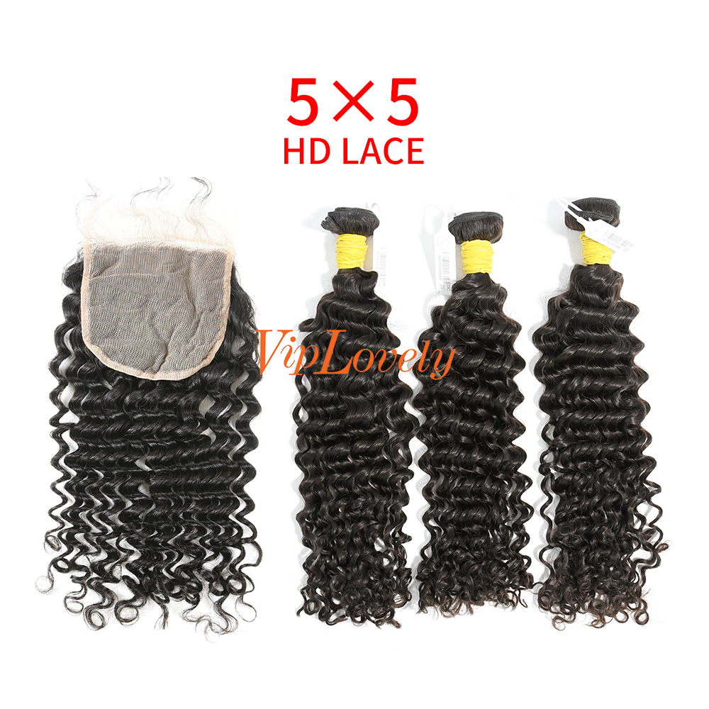 HD Lace Raw Human Hair Bundle with 5×5 Closure Deep Curly