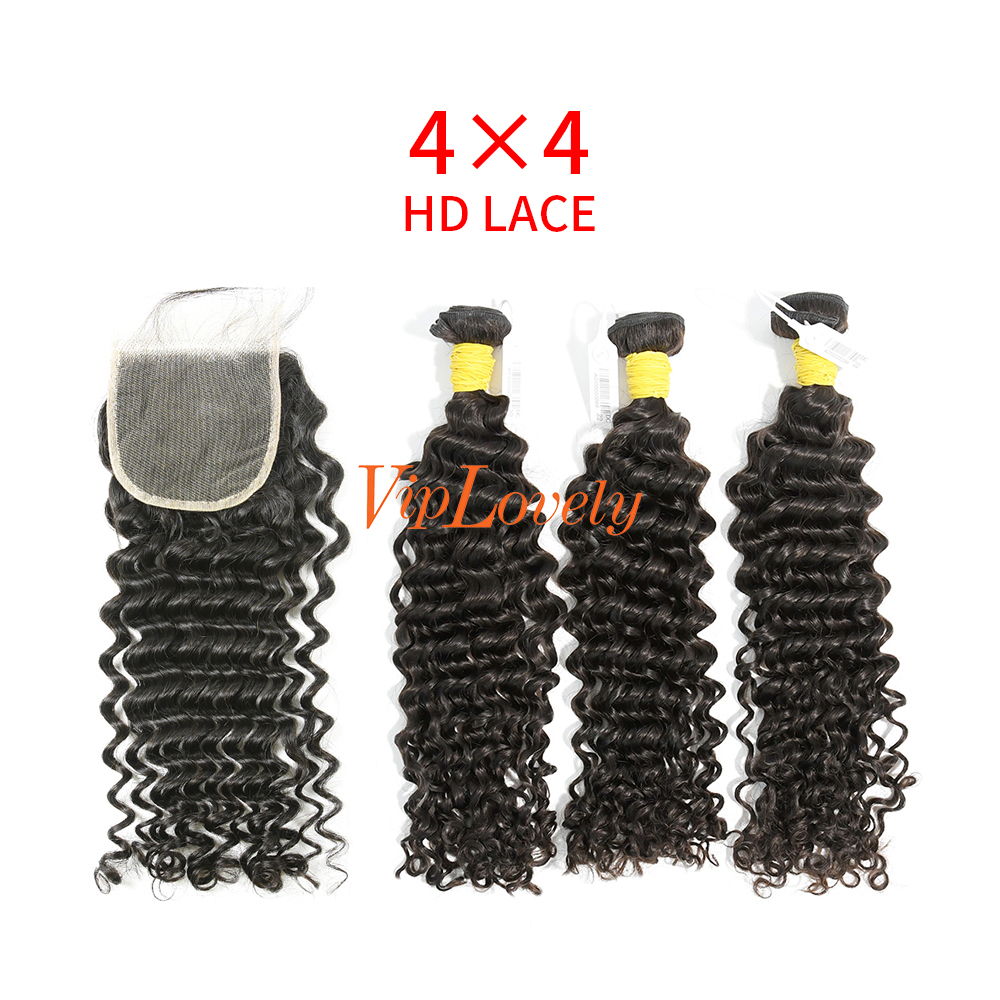 HD Lace Raw Human Hair Bundle with 4×4 Closure Deep Curly