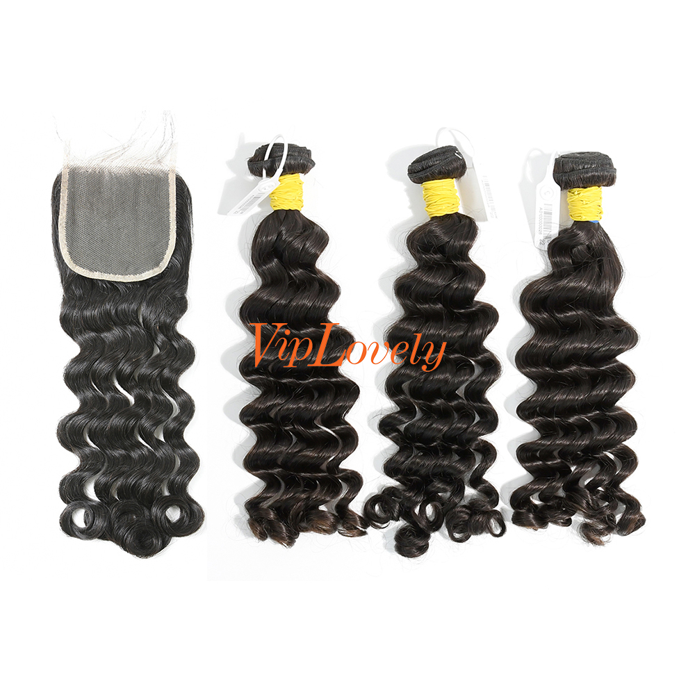 #1b Brazilian Raw Human Hair Weft with 4x4 Closure Deep Wave