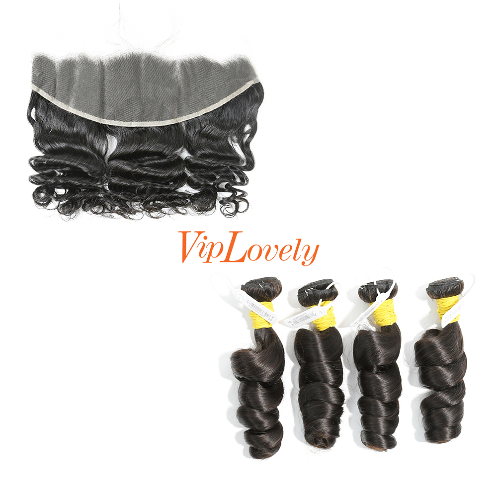 #1b Brazilian Raw Human Hair Weft with 13×4 Frontal Loose Wave