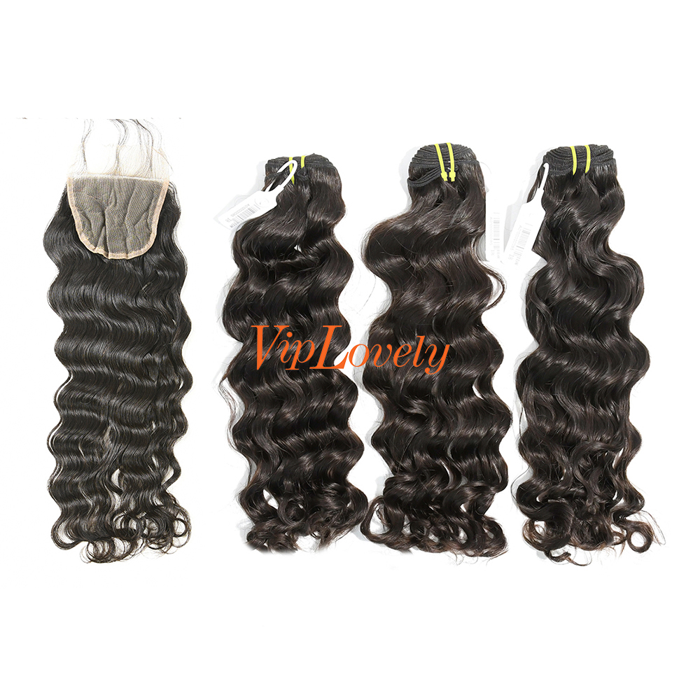 #1b Brazilian Raw Human Hair Weft with 4x4 Closure Indian wave