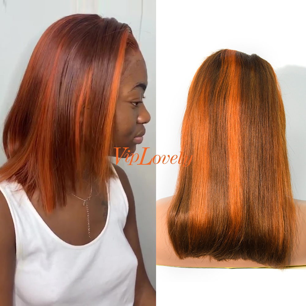 Straight 4/orange Color Transparent Lace 13X4 Bob Wig