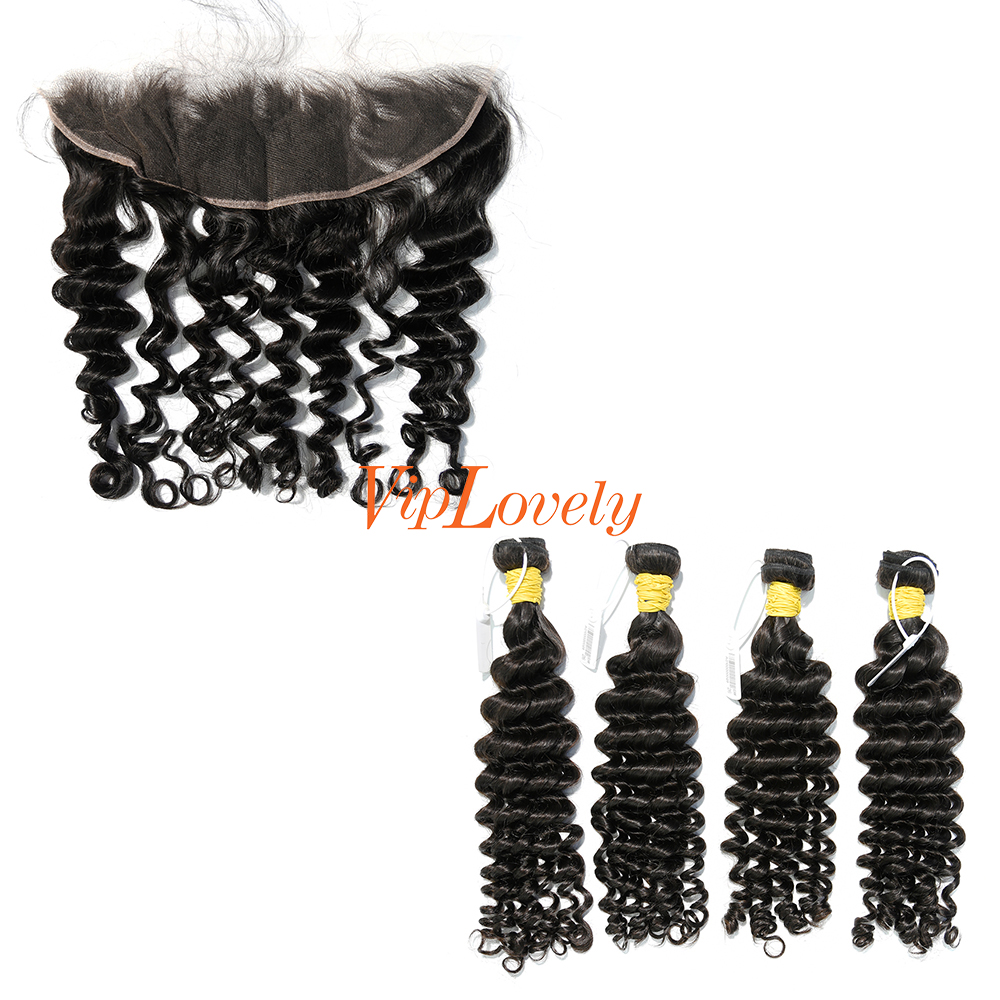 #1b Brazilian Raw Human Hair Weft with 13×4 Frontal Deep Wave